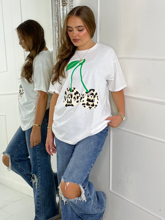 Green Cherry Oversized T-Shirt - White