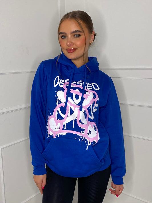 Obsessed Teddy Print Hoodie - Royal Blue