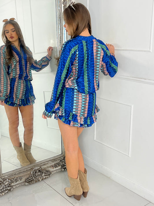 Matching Long Sleeve Shirt and Frill Skort Set - Blue Multi