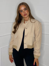 Cropped Pocket Detail Bomber Jacket -Beige