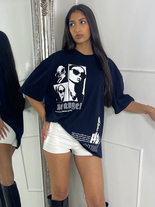 Ribbed Collar Oversized T-Shirt - Navy No Angel Print