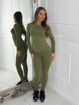 Round Neck Long Sleeve Second Skin Top & Sculpt Panel Leggings - Khaki green