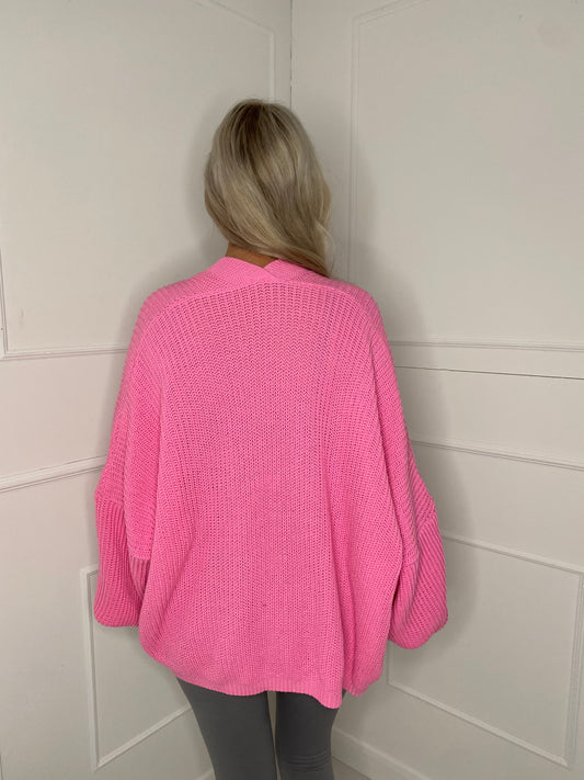 Balloon Sleeve Knitted Cardigan - Neon Pink