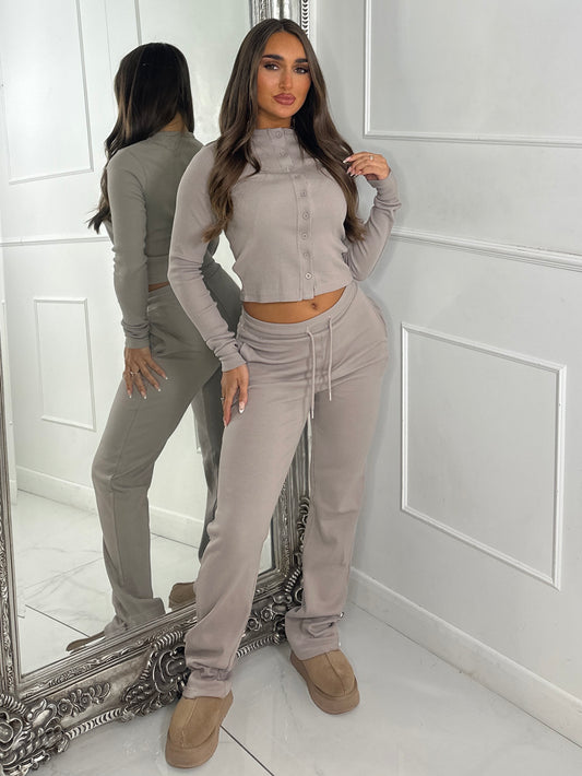 Ribbed Long Sleeve Button Up Top & Pants Co-Ord - Dove Grey