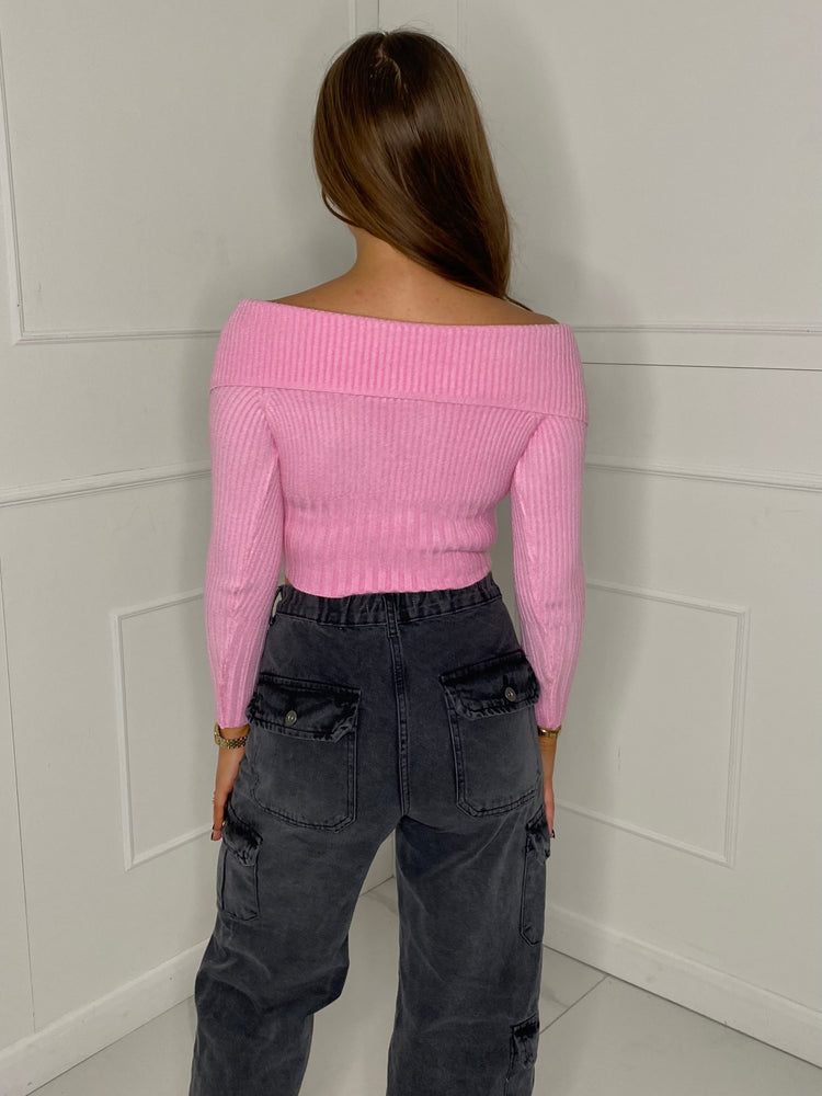 Zip Front Ribbed Fold Over Top - Baby Pink
