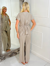 Linen Tie Waist V Neck Top & Wide Leg Pants Co-Ord - Taupe