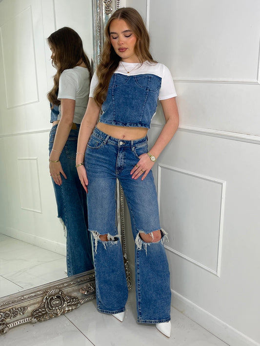 Blue Denim Corset Contrast Crop Tshirt - White