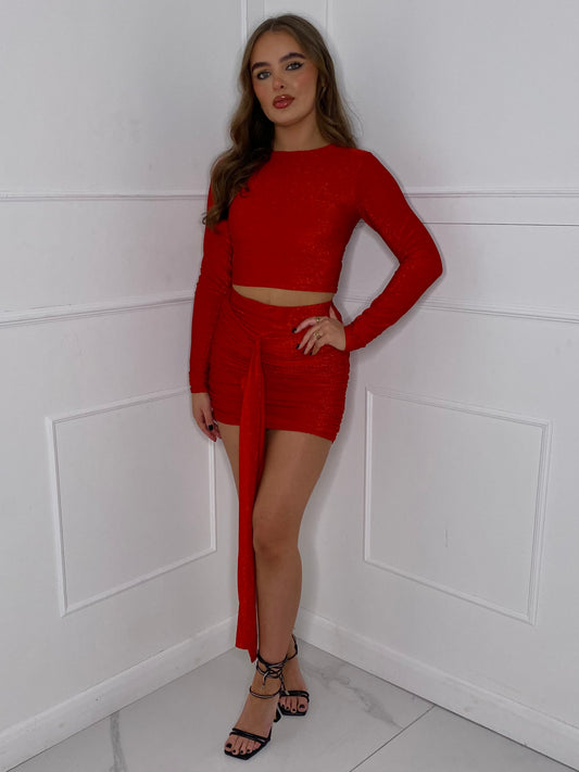 Glitter Drape Skirt Co-Ord - Red