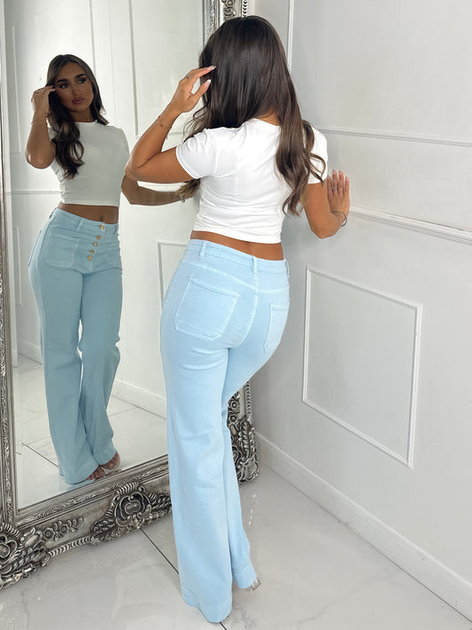 High Waist Pocket Front Jewelled Button Jeans - Baby Blue