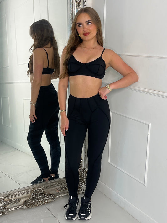 Seam Detail Bra & Leggings Set- Black