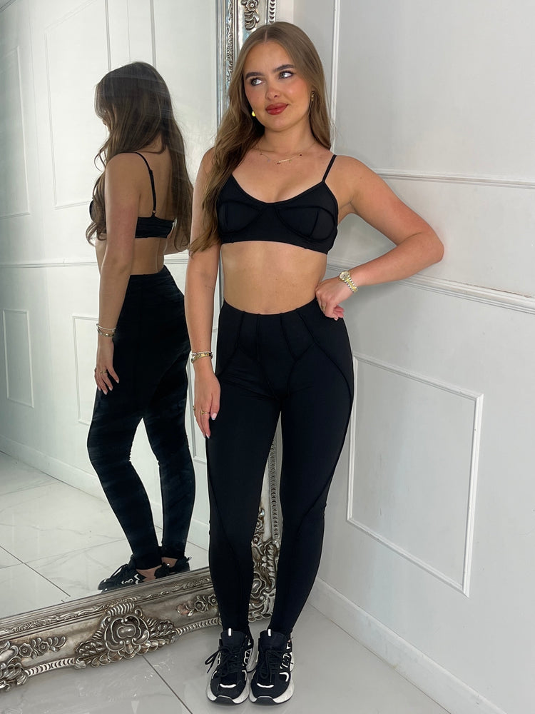 Seam Detail Bra & Leggings Set- Black