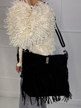 Large Suede Full Tassel Gold Lock Detail Shoulder Bag - Black