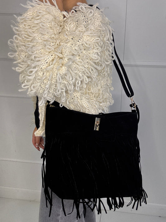 Large Suede Full Tassel Gold Lock Detail Shoulder Bag - Black