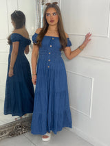 Button Detail Denim Maxi Dress - Blue
