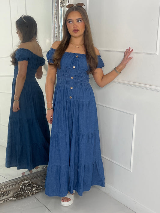 Button Detail Denim Maxi Dress - Blue