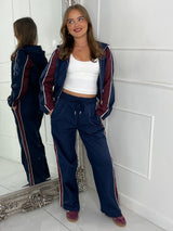 Hooded Colour block Jacket & Straight Leg Pants Set - Wine/Navy