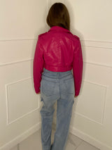 Cropped Pu Leather Jacket - Hot pink