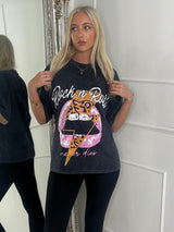 Rock n Roll & Graphic Lips Print Tee - Acid Wash