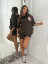 Pink Diamante Pocket Detail T-Shirt & Shorts Co-Ord - Brown