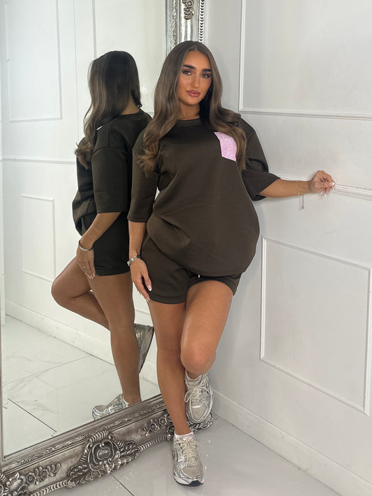 Pink Diamante Pocket Detail T-Shirt & Shorts Co-Ord - Brown