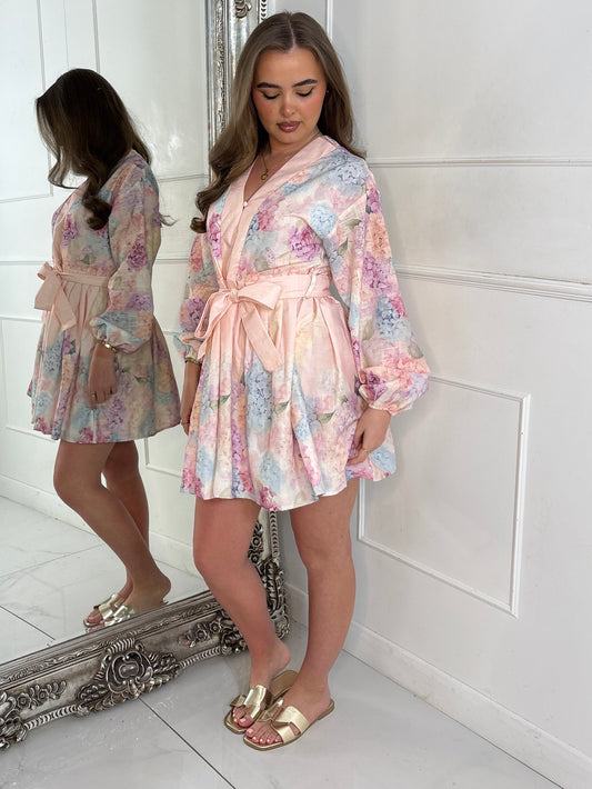 Floral Linen Tie Belt Flowy Dress - Pink Multi