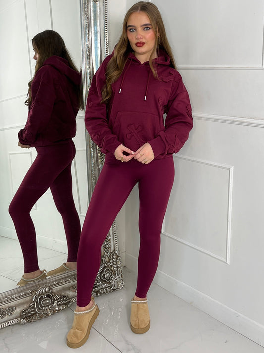 Embroidered Cross Hoodie - Wine