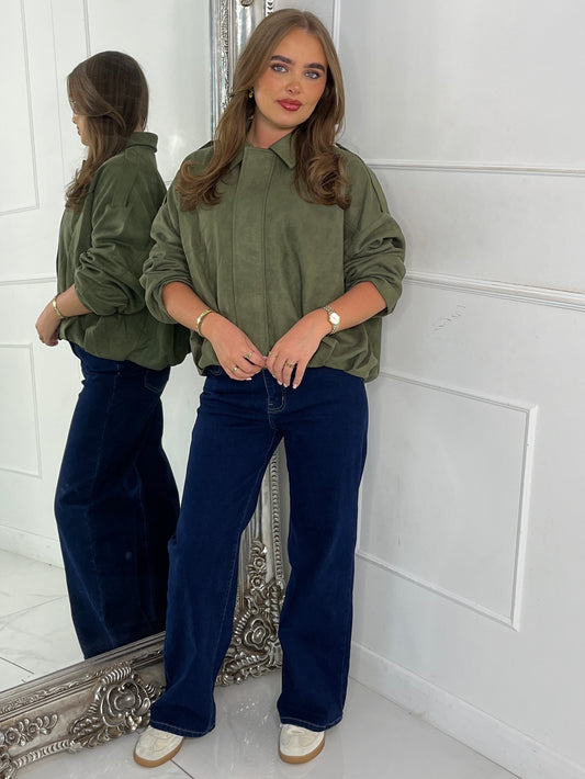 Suede Collared Oversized Bomber Jacket - Khaki