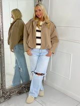 Collared Oversized Bomber Jacket - Beige