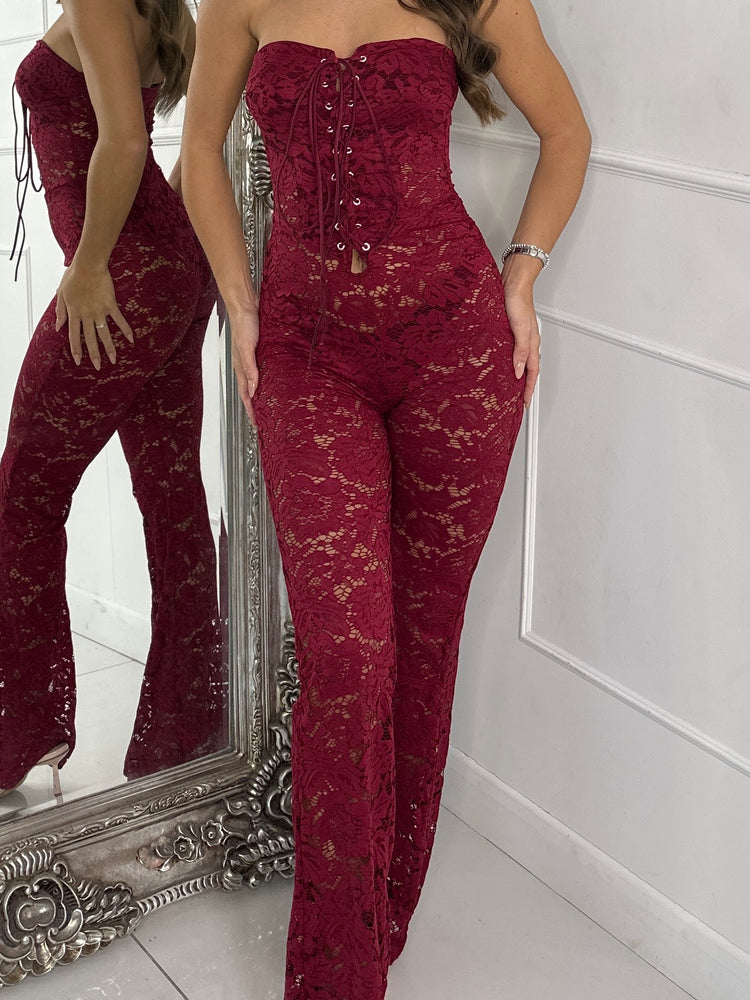 Lace Up Detail Jumpsuit - Wine