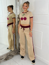 Cherry Tee & Side Stripe Trousers Co-Ord - Beige