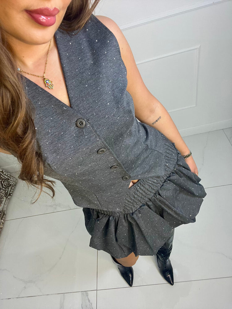 Diamante Waistcoat & Puffball Skirt Co-ord - Grey