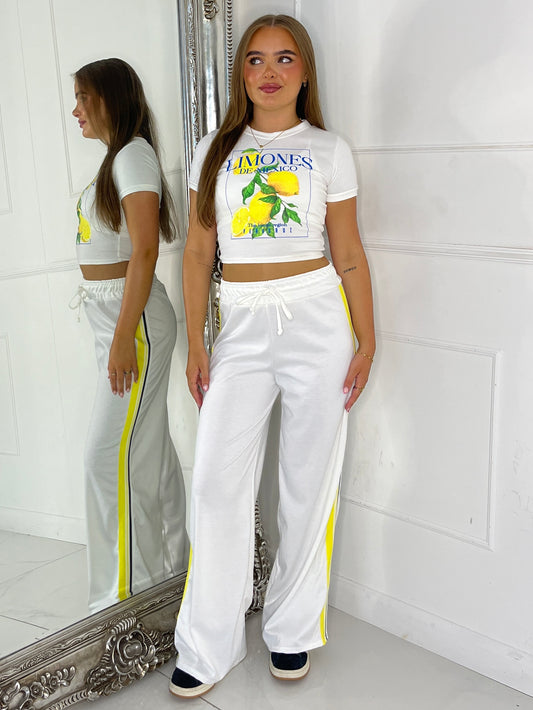 Lemon Tee & Side Stripe Trousers Co-Ord - White