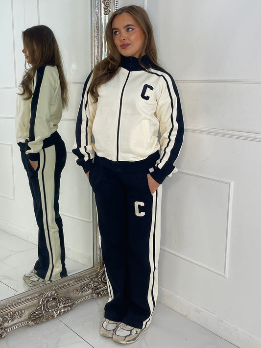 Colour Block Contrast “C” Embroidery Tracksuit - Black/Cream