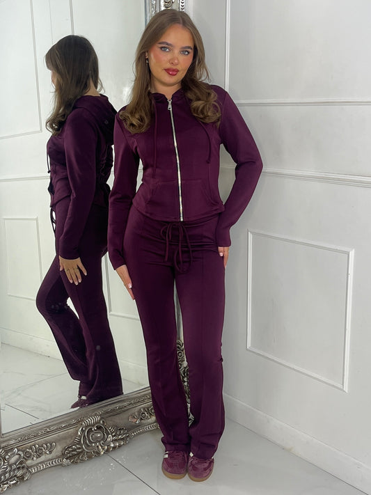 Tie Up Corset Detail Back Hoodie & Seam Detail Flared Pants - Wine