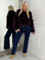 Tiered Faux Fur Round Neck Jacket - Wine