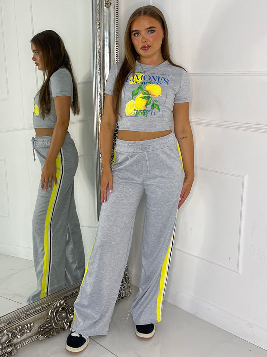 Lemon Tee & Side Stripe Trousers Co-Ord - Grey
