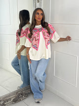 Oversized Printed Bow Print T-Shirt - Pink/Cream