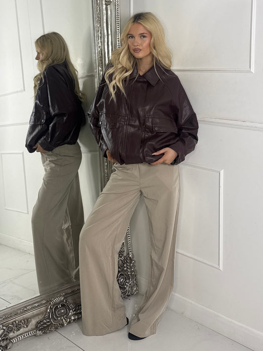 Oversized Leather PU Jacket with Drawstrings - Brown