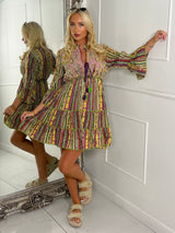 Embellished Tassle Detail Long Sleeve Boho Dress - Purple Multi