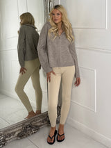 Zip Up Detail Long Sleeve Cropped Knitted Ribbed Jumper-Taupe