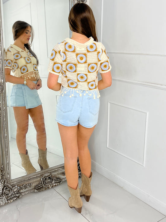 Collar Detail Crochet Tassel Top - Brown/Baby Blue