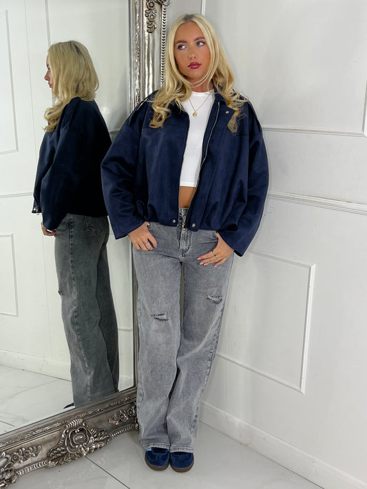 Suede Collared Oversized Bomber Jacket - Navy