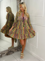 Embellished Tassle Detail Long Sleeve Boho Dress - Purple Multi