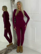 Long Sleeve Gym Top & Sculpt Leggings Set - Wine