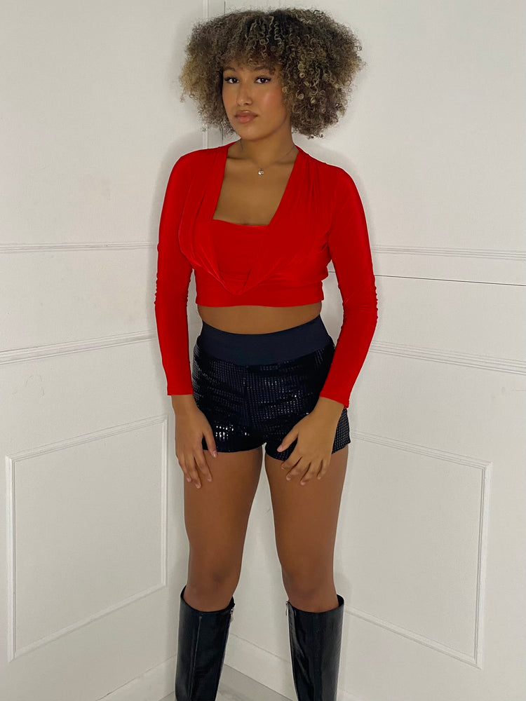 Cowl Neck Long Sleeve Top - Red