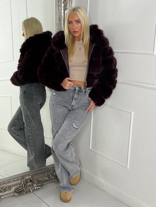 Hooded Faux Fur Jacket - Wine