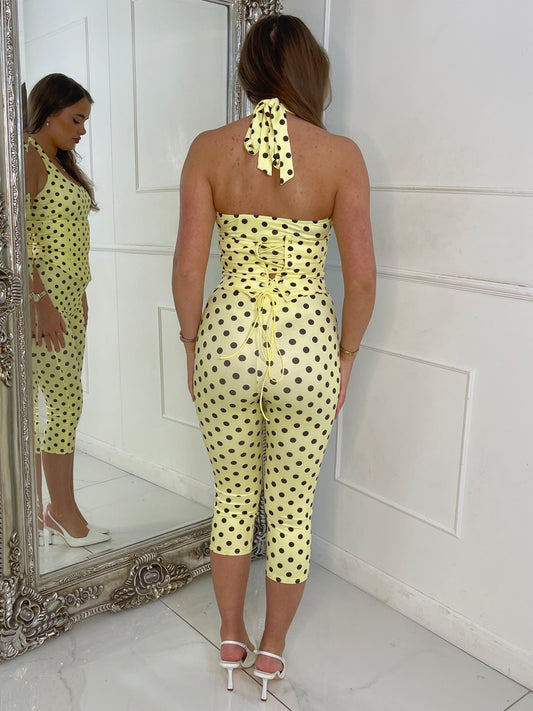 3 Piece Halter Neck Top , Corset & Capri Leggings - Yellow/Brown Polka Dot