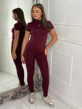 High Neck Second Skin Top & Sculpt Panel Leggings - Wine