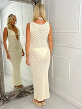 V-Neck Crochet Maxi Dress - Cream