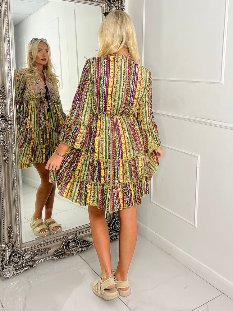 Embellished Tassle Detail Long Sleeve Boho Dress - Purple Multi